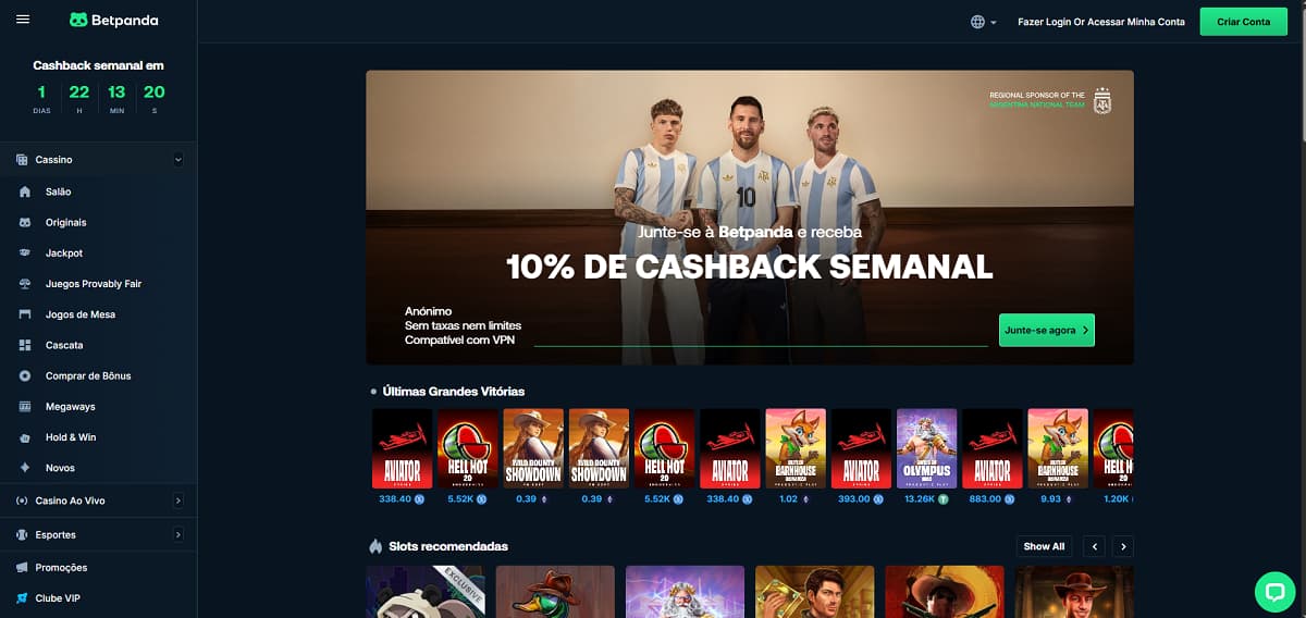 Captura de tela da página inicial da Betpanda com design escuro e detalhes em verde, um banner de "10% de cashback semanal" e um cronômetro de contagem regressiva.