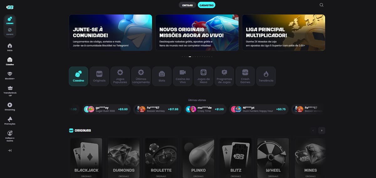 Página inicial da Blockbet Casino com promoções exclusivas, jogos originais de cassino, categorias de entretenimento, histórico de vitórias recentes e interface moderna em tema escuro.