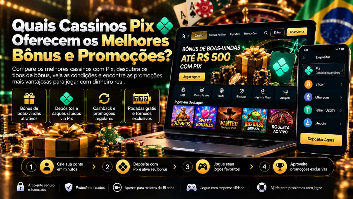 Quais Cassinos Pix Oferecem os Melhores Bônus e Promoções? em banner com notebook, celular, Pix e ofertas de cassino.
