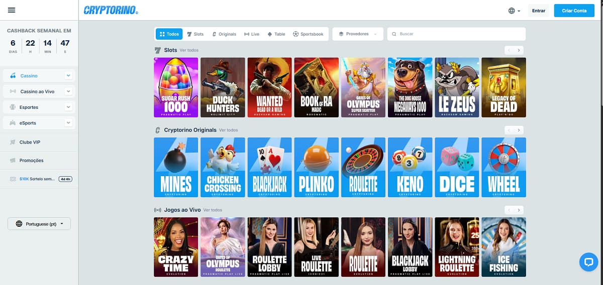 Página inicial da Cryptorino com um banner que promove 10% de cashback semanal. Design com jogadores de futebol argentinos em destaque. A navegação inclui Cassino, Cassino ao Vivo, Apostas Esportivas, Esports e Clube VIP. A seção "Últimos grandes ganhos" exibe slots como Dice Million e Reactoonz, além de jogos recomendados como Gates of Olympus e Book of Dead.