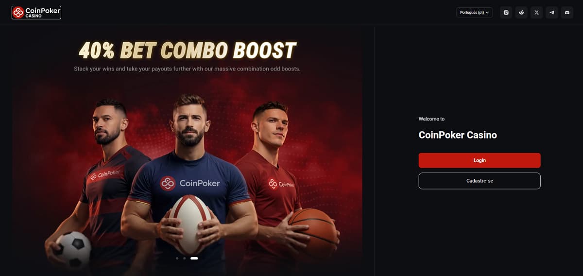 Página inicial da CoinPoker com um banner que promove um bônus de boas-vindas de 150% até US$ 2.000. Design com dados e uma moeda dourada; a navegação oferece opções de login e cadastro, com o idioma alemão disponível.